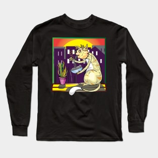 Cat Eating Spaghetti And Watching Sunset Scene Long Sleeve T-Shirt